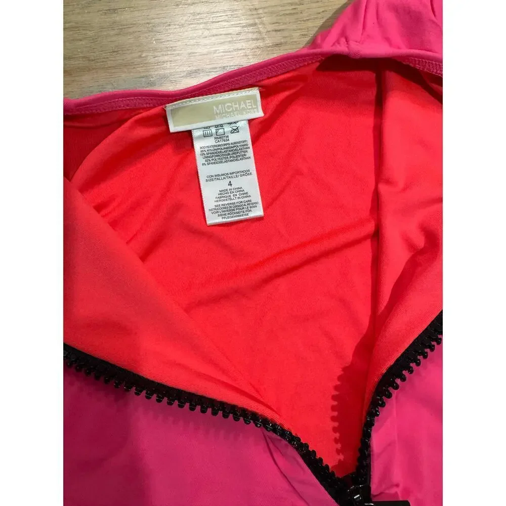 Michael Kors short sleeve neon pink one-piece swimsuit black front zipper size 4